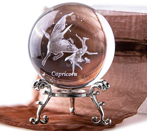 HDCRYSTALGIFTS 60mm 3D Constellation Crystal Ball Figurine Gifts for Women Men Glass Laser Engraved Capricorn Crystal Ball with Stand Paperweights Glass Sphere Ball Ornaments Decor Gifts for Lovers
