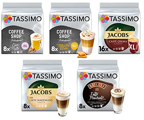 Tassimo Coffee Selection- Baileys Latte Macchiato/Toffee-Nut Latte/Jacobs Latte Macchiato Vanilla/Chai Latte/Jacobs Caffe Crema Coffee Pods - 5 Packs (40 Servings)