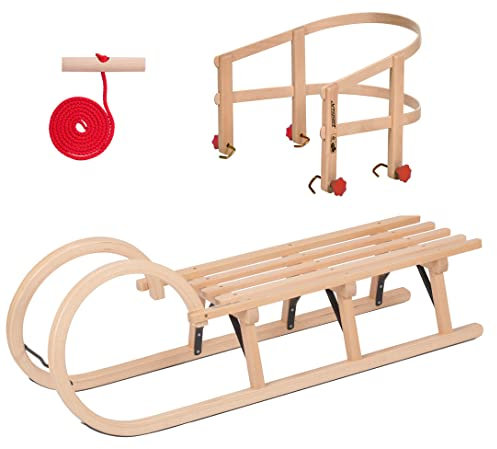 KS-Direkt Holzschlitten 110cm Schneeschlitten Schlitten Rückenlehne Zugseil Rückenlehne (Hörnerschlitten 110 cm mit Sitzlehne)