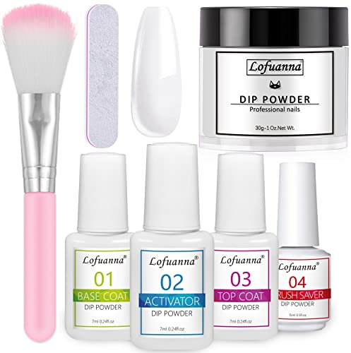 Lofuanna Kit de Polvo y Líquido de Inmersión de Uñas,30g White Polvo de Inmersión para Uñas con Capa Base y Superior Activador Protector de Cepillo para Arte de Uñas Francesa Manicura (011)
