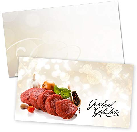 GESCHENKGUTSCHEINcom by POS-HAUER. Gutschein-Set. 25x Gutschein + Kuvert. Für Fleischerei Fleisch- und Wurstwaren Metzgergutschein, blanko zum selber Ausfüllen.