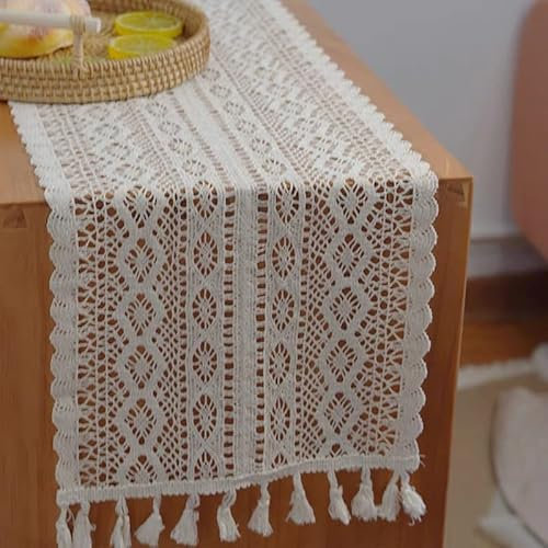 MIOKY Weiß Tischläufer 24 x 160 cm Rechteckig Boho Tischdecke mit Quasten, Handgefertigter Rustikale Makramee Häkelspitye Tischband Schal Deckchen für Hochzeit Esstish Bauernhaus Dekor