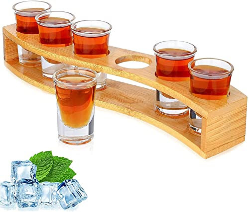 Set di bicchieri da liquore da 3 cl con supporto e bicchierini da liquore, 1oz/30 ml, organizer per bevande, 6 fori con vetro trasparente, 6 pezzi, per liquori, tequila Whisky Brandy Wodka Rum Home