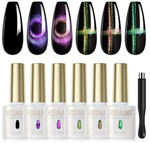 ROSALIND UV Nagellack Magnetisch Set 9D Cat Eye Gel Nagellack Set Gel Schwarz Schellack 6 Farben Katzenauge Soak Off UV Gelpolitur mit Magnetstift