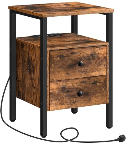 HOOBRO Bedside Table with Charging Station, Side Table with 2 Drawers, Wooden End Table with 2 USB Ports and 2 Sockets, Nightstand for Living Room, Bedroom, Rustic Brown and Black EBF43KBZ01G2