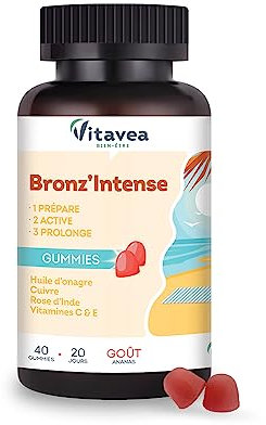 Vitavea - Gummies Solaire Bronz'Intense - Complément alimentaire Bronzage - Prépare, Active, Prolonge - Teint Hâlé, Effet Bonne Mine - Onagre, Cuivre, Rose d'Inde, Vitamines C & E - 40 gummies - Vegan