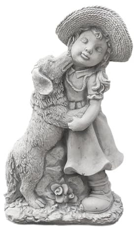 gartendekoparadies.de Mädchen mit Hund, Steinfigur H. 47 cm, 13 kg, Grau, frostsicher aus Steinguss für Außenbereich