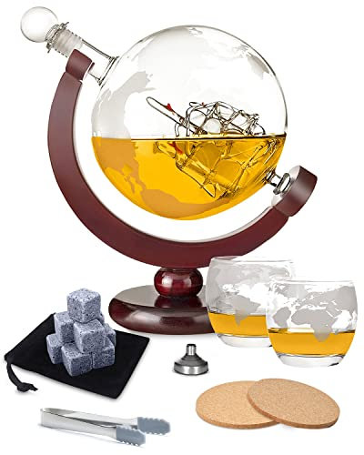 Rantizon Whiskey Decanter and Glass Set,Globe Decanter Whiskey Gift Sets for Men Husband Him Boyfriend Dad Women with 2 Glasses, 9 Ice Cubes, Tong & Funnel,for All Kinds of Alcohol Drinks
