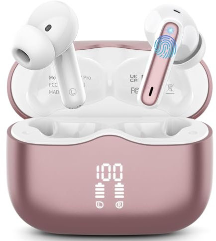 Wireless Earbuds, Bluetooth 5.3 Headphones in Ear with HiFi Stereo Deep Bass, 4 ENC Noise Cancelling Mic Wireless Earphones 40H Playtime, Bluetooth Earbuds Dual LED Display, IP7 Waterproof, Rose Gold