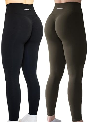 AUROLA Träningsleggings för kvinnor, sömlösa scrunch-strumpbyxor, magkontroll, gym, fitness, flickor, sport, aktiva yogabyxor, Set (svart + mörk olivgrön), S