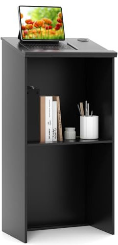 COSTWAY Stehpult, Rednerpult mit Ablagefläche und Kabeldurchführungen, Stehtisch für Klassenzimmer, Kirche, Büro, Restaurant, Seminar (Schwarz)