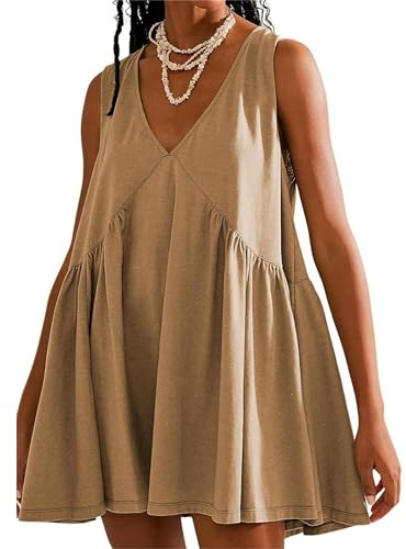 OPCAKM Women's V Neck Sleeveless Mini Dress Loose Summer Pleated Swing Flowy Sundress(Khaki-M)