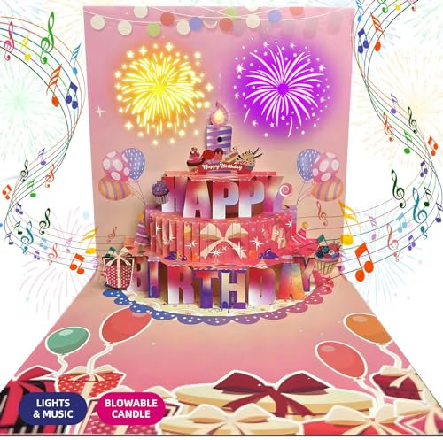 PopUp-Geburtstagskarten für jedes Alter, ausblasbare LED-Lichtkerze, Kuchenmusik, Happy Birthday-Postkarten, Geschenkkarte für Frauen, Männer, Mutter, Schwester, Ehefrau, Freund, Junge, Mädchen