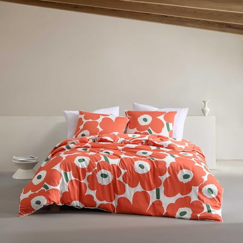 Marimekko - Bettbezug-Set, superweiche Bio-Bettwäsche, lässige Heimdekoration (Unikko Orange, Queen)