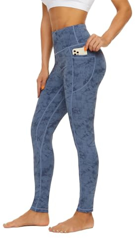 AMYTIS Damsportleggings, yogabyxor, hög midja med fickor, fitness, stretch, ogenomskinliga, långa, gym, mobilväska, F-gråblå, S