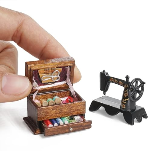 Odoria Miniatura Máquina de Coser Costurero: 1/12 Escala Caja de Costura Madera para Cuarto de Costura - Mini Casa de Muñecas Vintage Retro