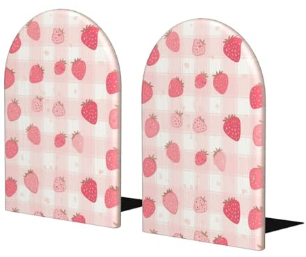 Buchstützen aus Holz, Motiv: niedliche rosa Erdbeeren, Buchstützen für Regale, Buchstützen für Büro, Zuhause, Küche, Buchstützen für Bücher, 17,5 x 10,7 cm, 2 Stück