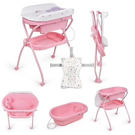 MS BabyWorld Bubble + Réducteur – Baignoire ergonomique pour bébé avec pieds et matelas à langer imperméable et rembourré | Fermeture compacte, organiseur, 4 roulettes avec freins (Rose/Blanc)