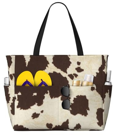 FLYIFE Strandtasche mit Kuhfell-Druck, große Kapazität, Schultertasche, Reisetasche für Damen, mit 7 Taschen, faltbar, Schwarz , Einheitsgröße