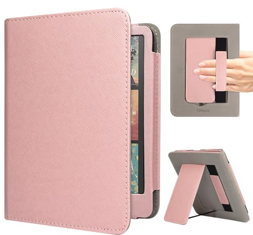 RSAquar Fodral för 7-tums helt nya Kindle Paperwhite 12:e generationen 2024 och Kindle Colorsoft Signature Edition, skyddsfodral med automatisk sömn/vakna, handrem och vikbart stativ – roséguld