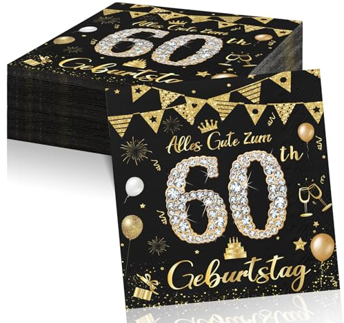 60 Geburtstagsdeko Servietten,Schwarz Gold Papier Party Servietten Tischdeko Für 60. Geburtstag Mann Frau,40 Stück Happy Birthday Servietten Decorations 33x33cm