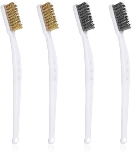 Piriuuo 4 Pcs Small Wire Brush, Wire Brush for Rust Removal Stainless Steel Brass Wires Brushes Metal Brushes with Curved Handle Grip Metal Scrubber for Cleaning Dust and Rust