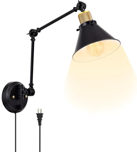 LOGT Verstellbarer Wandlampe mit Schwenkbarem Arm Lange Wand Leselampe mit Kabel und Schalter Wandleuchte Dimmbar Innen Wandstrahler Faltbar mit Gelenkarm für Nachttisch Schlafzimmer,Schwarz