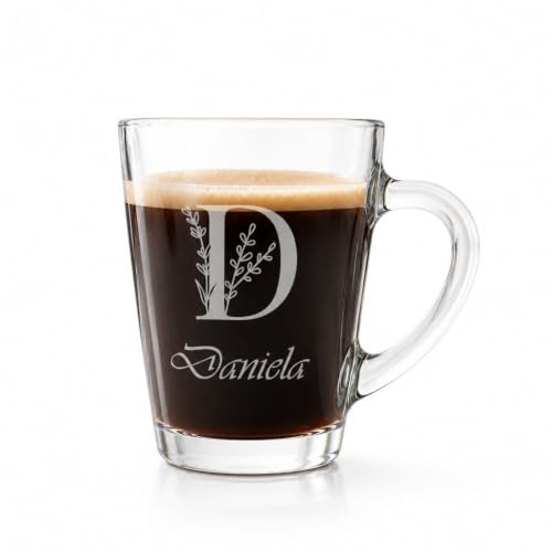 Personalised Glass Tea Cup with Custom Name Engraving, Leaf Design | Coffee and Tea Cup