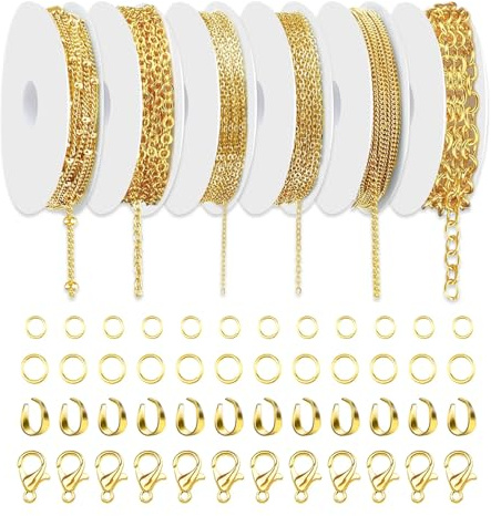 GIDWRIY 6 Stück Gliederkette Basteln Gold14 M,Schmuck Selber Machen Ketten,Chain for Jewelry Making,Halskette Kette Schmuckherstellung Zubehör,Metall Kette mit Ringen und Karabinerverschlüssen