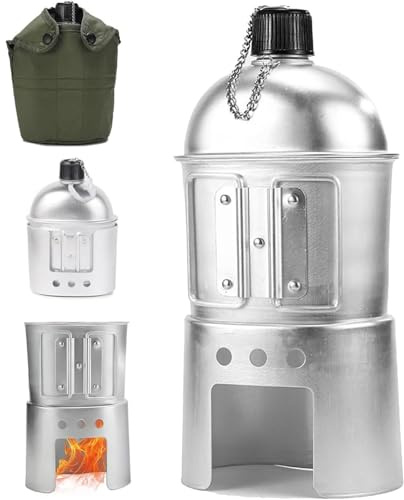 wodjcks 4er-Set Militärfeldflaschen, Feldflaschenbecher-Herdbeutel-Set, tragbares Aluminium-Kochgeschirr-Set, Metall-Pathfinder-Feldflasche für Outdoor-Camping, Wandern, Survival Adventures(Set A)