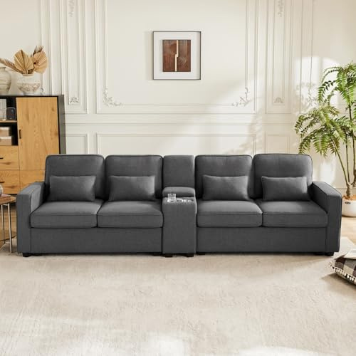 KOMHTOM Canapé Beige/Gris avec Coussins Canapé 4 Places avec Rangement, Grand canapé avec Porte-gobelet et Port de Charge Meubles de Salon (Gris foncé)