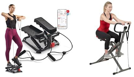 Sunny Health and Fitness Total Body Smart 2-in-1 Stepper Machine, Total Body Workout, Adjustable + Row-N-Ride™ PRO Squat Assist Trainer, Rowing Machine w/Resistance Bands