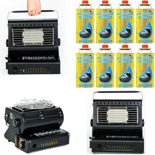 2 In 1 Portable Gas Heater & Stove 1.3kW Butane Gas Heater Compact Lightweight Ceramic Burner Auto Ignition for Outdoor Indoor Home Office Camping Fishing Caravan Picnic and Party (Heater + 8 Cans)