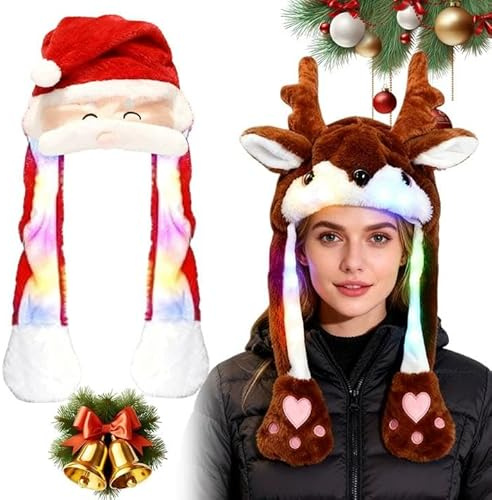 BORDEAG Plüsch Weihnachtsmütze,2 Stück Weihnachtsmann Plüsch Hut,Nikolausmütze Mit Leuchtendem,MüTze Mit Beweglichen Ohren Für Damen Mädchen Kinder,Party Geschenk,Weihnachten(Weihnachtsmann + Elch)