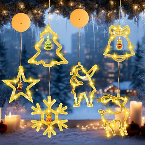 6er Set LED Saugnapf Weihnachten Lichter, Weihnachtsbeleuchtung Fenster Innen, LED Fensterlicht Saugnapf, Saugn-apf Weihnachten Lichter, Weihnachtsdeko Fenster Beleuchtet, für Weihna-chten Deko