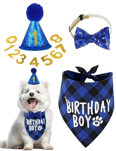 FUGLUS Cappello per Cani Compleanno, Kit di 13 Cappelli di Festa per Animali Domestici con 1 Bandana, 1 Collare Papillon, 10 Numeri, Berretto Compleanno per Cani di Piccola Media Grande Taglia (Blu)