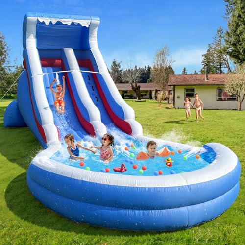 21FT Blue Tropical-Themed Lightweight Inflatable Water Slide (with Attached Pool), Suitable for Children (Includes Blower), Suitable for Both Wet and Dry use, Perfect for Summer Fun.