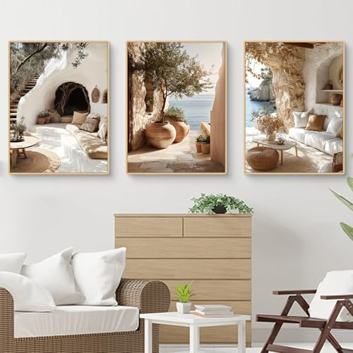TROYSINC 3er Mediterrane Architektur Poster Set, Aesthetic Ausblicke auf griechische Inseln,Steinhäuser am Meer Landschaft Wandbilder Wohnzimmer, Wanddeko für Wohnzimmer, ohne Rahmen (A,50x70cm)