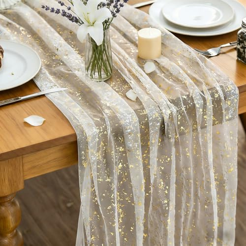 Tarqite Tischläufer Gold, 70X300cm Goldener Tischläufer Glitzer, Tischdecke Gold, Goldfolie Tischband, Gaze Tüll Glitter für Hochzeit, Party, Geburtstag, Babypartys, Taufen