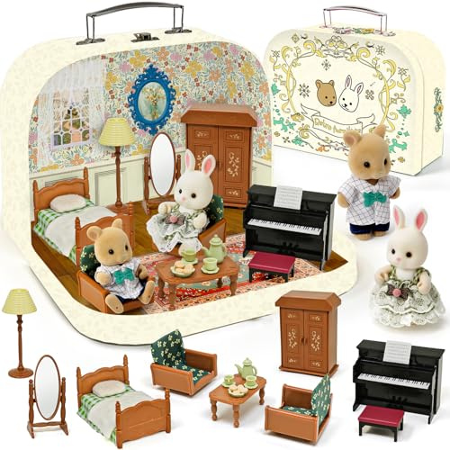 Casa de Muñecas Tipo Maletín Muebles Accesorios DIY in Miniatura Dollhouse with 2 Muñecos Flexibles Piano Muebles in Dormitorio Regalo Juguete Toy Gifts para Niños Niñas a Partir de 3 Años