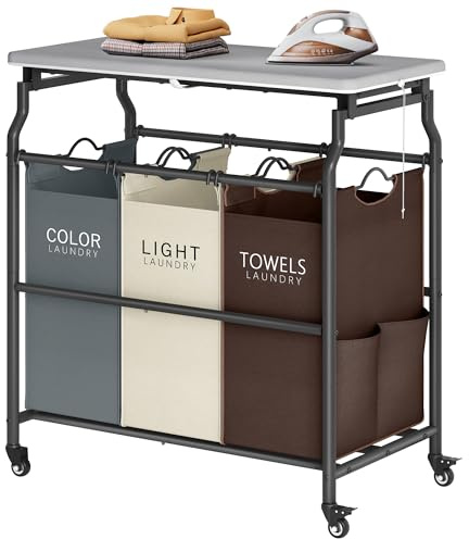 Hoctieon 3 Section Laundry Sorter Cart with Ironing Board, Laundry Hamper Basket with Shelf and Wheels, Heavy Duty Clothes Organizer, Large Clothes Separator with Removable Bags, Brown+Gray+Beige