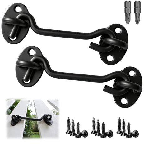 PDKKFF 3 Inch Hook and Eye Latch, 2 Pcs 75mm Black Gate Hook | Stainless Steel Cabin Hooks, Door Lock Hooks with Mounting Screws for Window Brace Gate Door Catch, Wooden Gates, Garden Shed