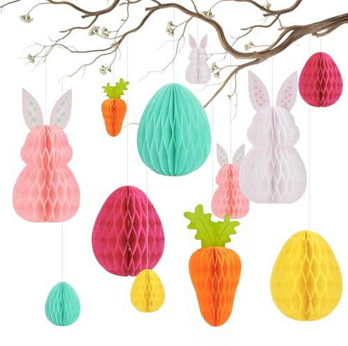 12 Stück Osterdeko zum Aufhängen, Wabenfigur Ostereier Zum Aufhängen Papier Osterhase Wiederverwendbare Ostern Deko für Innen und Draußen Deko Frühling