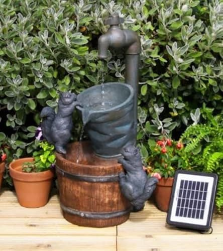 Primrose 72cm Solar Powered 2 Tier Outdoor Bucket & Tap Squirrel Water Feature Fountain in Brown and Grey