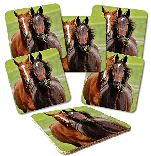 ADDIES Glas-Untersetzer 6-TLG.Set Bedruckt Motiv Pferde-03 in hochwertiger Klarsicht-Geschenkbox und Korkrückseite, Tier-Motiv