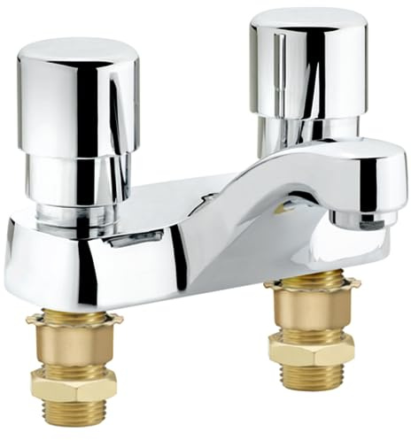 Krowne 16-480L Krowne Royal Series Metering Lavatory Faucet, Deck Mount, 4 Centers, Fixed spout, self-Closing Push-Button valves, 1.5 GPM Aerator Installed, Brass Construction, Low Lead Compliant