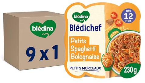 Blédina - Blédichef - Repas Bébé 12 Mois - 9 Plats Petits Spaghetti à la Bolognaise - Faible Teneur en Sel - Petits Morceaux - Dès 12 Mois - 9 Assiettes de 230g