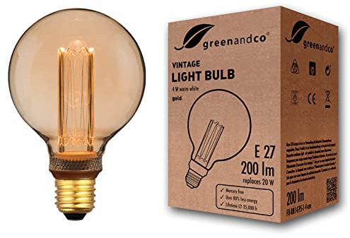 greenandco Vintage Design LED Birne zur Stimmungsbeleuchtung | E27 G95 | gold | 4W 200lm | 1800K extra warmweiß | 320° | 230V | flimmerfrei | nicht dimmbar | Edison Glühbirne