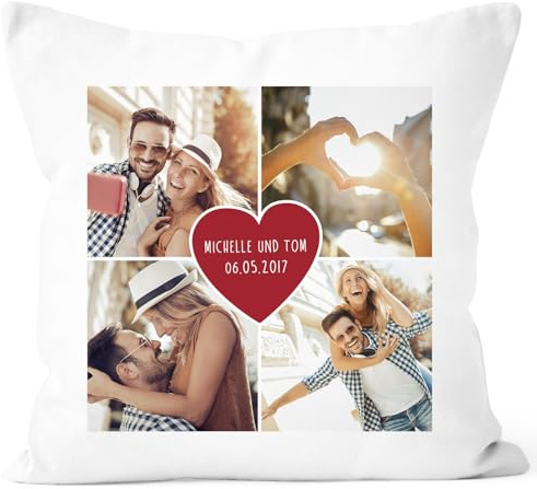MoonWorks® Fotokissen Kissen-Bezug mit Herz und Fotocollage zum selbst gestalten 4 Fotos Namen und Datum anpassbar Weiss Unisize