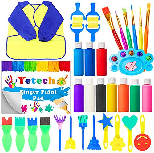 Yetech Kids Washable Finger Paints Set with 10 colors Non-Toxic Pigment(60ml), Waterproof Apron, Brushes, Finger Paint Pad, Toddlers Kids Painting Set for Paper, Kindergarten DIY Projects
